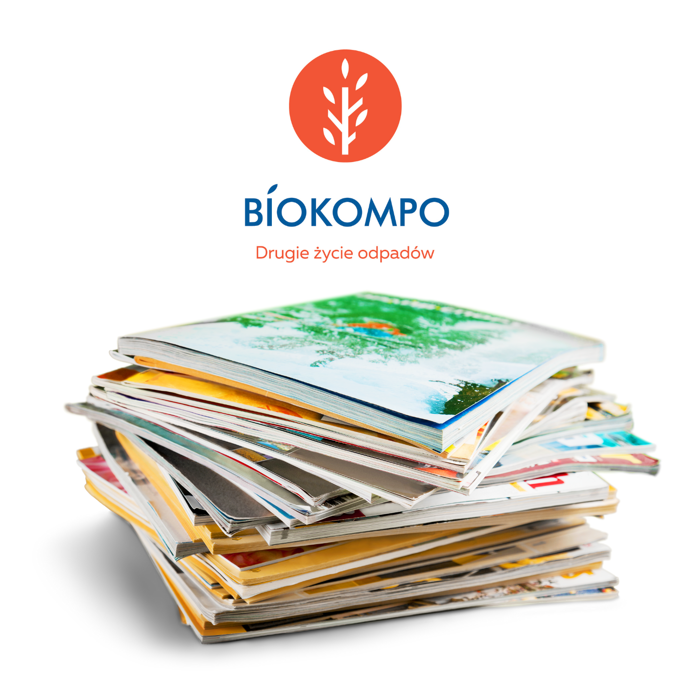 Stos czasopism z logo Biokompo na górze